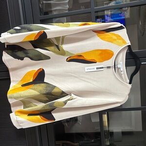 Chico's Cream Long-Sleeve Top with Yellow & Olive Leaf Motif